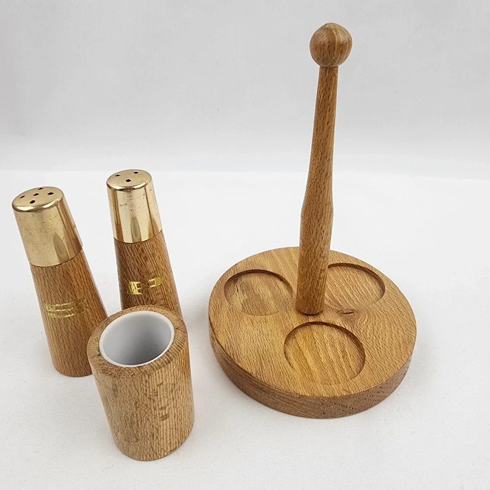 Vtg. Wooden Salt and Pepper and toothpick holder‎ MCM Gold 3in x 2.5 in. Kitchen